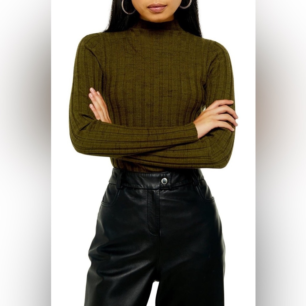 Topshop Olive Ribbed Turtleneck Sweater